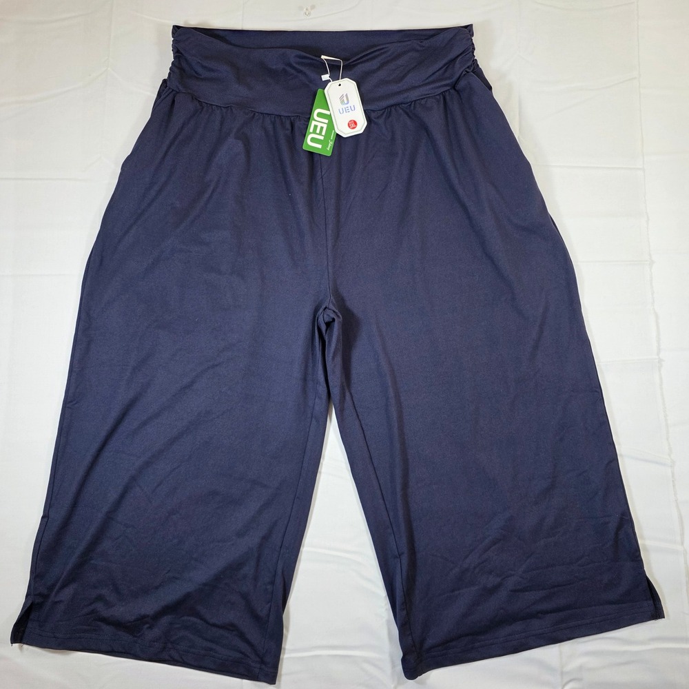 UEU Womens Navy Blue Wide Leg Capri Pants High Waisted Lounge Crop Pockets 3XL